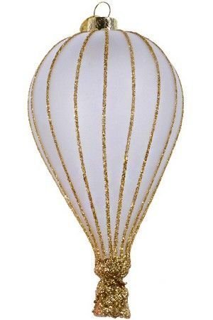 Ёлочная игрушка ВОЗДУШНЫЙ ШАР, стекло, белый с золотыми линиями, 7x14 см, Kaemingk (Decoris)