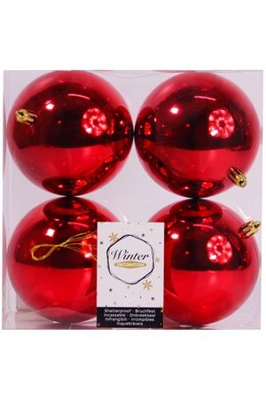 Набор однотонных пластиковых шаров глянцевых, цвет: красный, 100 мм, упаковка 4 шт., Winter Decoration