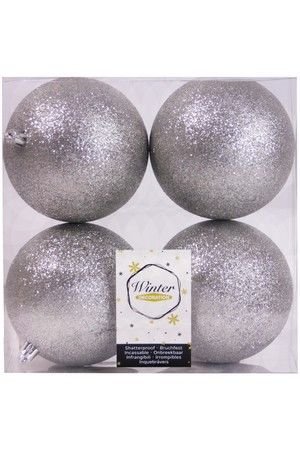 Набор однотонных пластиковых шаров глиттерных, цвет: серебряный, 100 мм, упаковка 4 шт., Winter Decoration