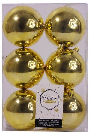 Набор однотонных пластиковых шаров, глянцевый,   цвет: золотой, 80 мм, упаковка 6 шт., Winter Deco