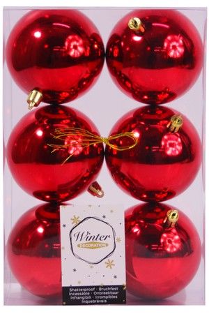 Набор однотонных пластиковых шаров глянцевых, цвет: красный, 80 мм, упаковка 6 шт., Winter Decoration