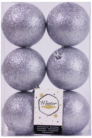 Набор однотонных пластиковых шаров глиттерных, цвет: серебряный, 80 мм, упаковка 6 шт., Winter Decoration