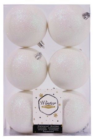 Набор однотонных пластиковых шаров глиттерных, цвет: белый, 80 мм, упаковка 6 шт., Winter Decoration