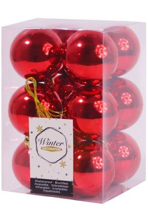 Набор однотонных пластиковых шаров глянцевых, цвет: красный, 60 мм, упаковка 12 шт., Winter Decoration
