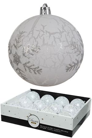 Набор пластиковых шаров СЕРЕБРО СНЕЖИНОК, прозрачно-белые, 80 мм, упаковка 12 шт., Kaemingk