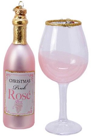 Набор ёлочных игрушек MAGIC ROSE WINE (бутылочка и бокал), стекло, 12.5 и 13.5 см, Kaemingk (Decoris)