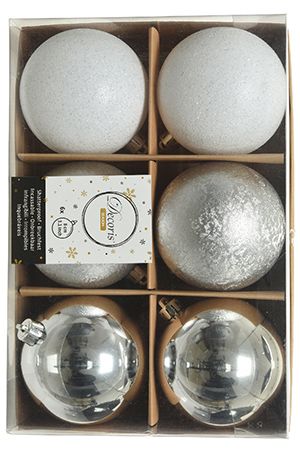 Набор пластиковых шаров New Year MIX серебряный/белый, 80 мм, упаковка 6 шт., Kaemingk