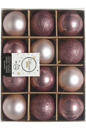 Набор пластиковых шаров New Year MIX розовый бархат/нежно-розовый, 60 мм, упаковка 12 шт., Kaemingk (Decoris)