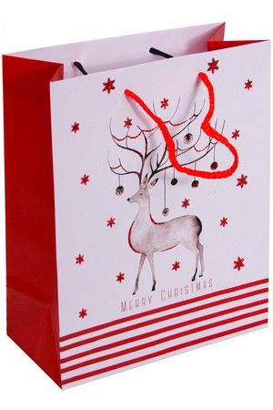 Подарочный пакет CHRISTMAS CHARM (с оленем), бело-красная гамма, 20х25 см, Due Esse Christmas