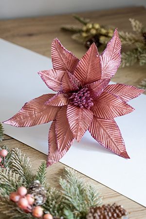 Пуансеттия СТЭЛЛА на клипсе, розовый бархат, 35 см, Due Esse Christmas