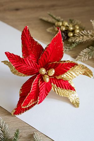 Пуансеттия РЕДЖИНА на клипсе, красная, 28 см, Due Esse Christmas