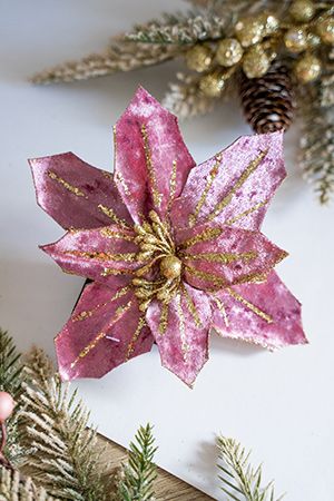 Пуансеттия ГРАЦЦИ на клипсе, розовая, бархат, 20 см, Due Esse Christmas