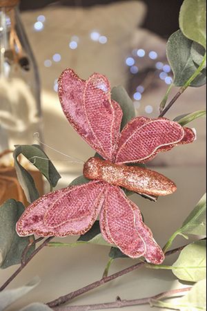 Бабочка АДЕЛЬ на клипсе, розовая, текстиль, бархат, 16 см, Due Esse Christmas
