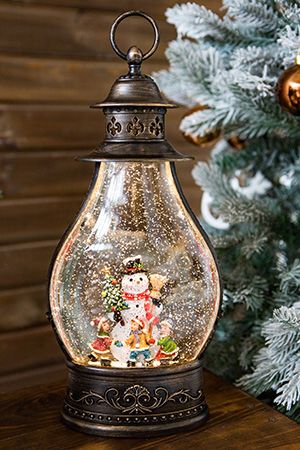Новогодний снежный фонарь СНЕГОВИК И ХОРОВОД, бронзовый, LED-огни, 35 см, батарейки, Peha Magic