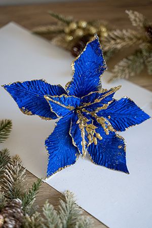 Пуансеттия НАТАЛЬ  на клипсе, синяя, 22 см, Due Esse Christmas