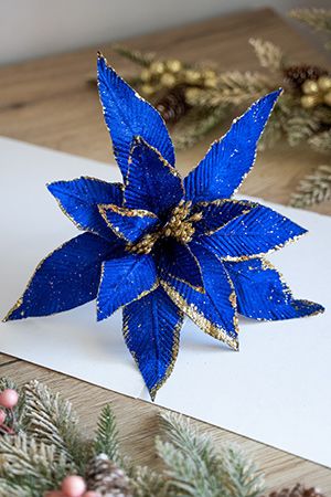 Пуансеттия СТЭЛЛА на клипсе, синяя, 35 см, Due Esse Christmas
