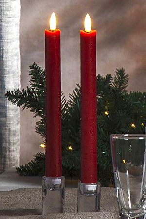 Набор светодиодных столовых восковых свечей  ANTIQUE, красных, тёплые белые LED-огни, эффект живого пламени, 24х2.2 см, таймер, батарейки (2 шт.), STAR trading