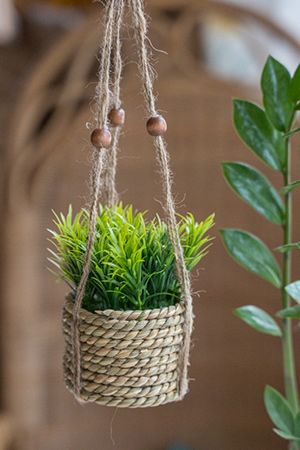 Искусственное растение COZY GREENS в подвесном джутовом кашпо, модель: травянистое, пластик, 8х12 см, Kaemingk