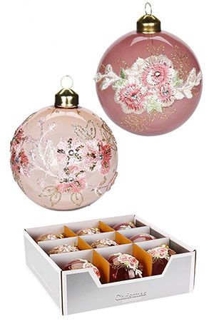 Набор стеклянных ёлочных шаров ROMANCE DE FLEUR, прозрачно розовые оттенки, 10 см (упаковка 9 шт.), Koopman International