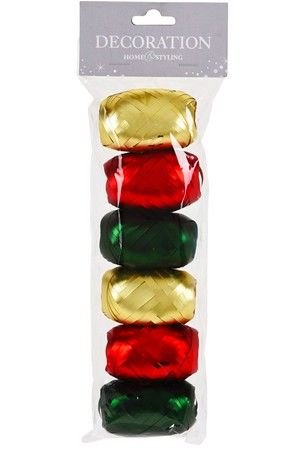Набор лент для подарочной упаковки НОВОГОДНИЙ АНСАМБЛЬ, красный, золотой, зелёный, 5 мм х 10 м (упаковка 6 шт.), Koopman International