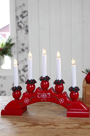 Декоративный рождественский светильник-горка SANNA, деревянный, красный с орнаментом, 5 тёплых белых ламп, 34х25 см, STAR trading