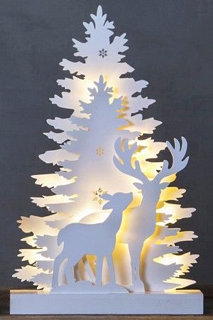 Декоративный новогодний светильник FAUNA - ОЛЕНЬ С ОЛЕНЁНКОМ, деревянный, белый, 10 тёплых белых LED-огней, 44 см, батарейки, STAR trading