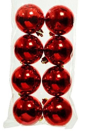Набор однотонных пластиковых шаров глянцевых, цвет: красный, 60 мм, упаковка 8 шт., Kaemingk (Decoris)