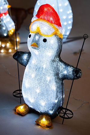 Светящаяся акриловая фигура ПИНГВИНЧИК-ЛЫЖНИК, 60 холодных белых LED-огней, 56 см, уличный, Kaemingk (Lumineo)
