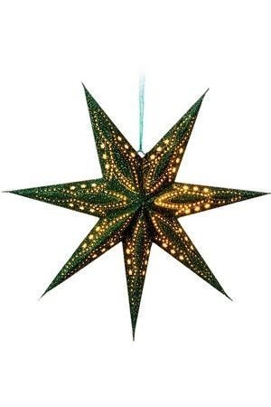 Подвесная бумажная звезда - плафон АМИТА (со звёздочками), тёмно-зелёная, 60 см, белый кабель 3.5 м, патрон Е14, Kaemingk (Lumineo)