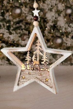 Светящееся новогоднее украшение ЗВЕЗДА С ПЕЙЗАЖЕМ (домик), дерево, 2 тёплых белых LED-огня, 14 см, батарейки, Kaemingk (Lumineo)