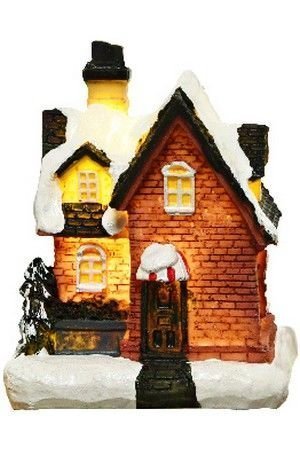 Новогодний мини-светильник домик ЗАСНЕЖЕННЫЙ ОСОБНЯЧОК (из красного кирпича), полистоун, тёплый белый LED-огонь, 7.5-9 см, батарейки, Kaemingk (Lumineo)