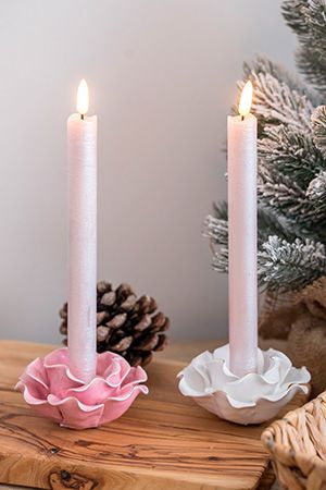 Набор светодиодных столовых восковых свечей ЖИВАЯ ДУША, розовых, тёплые белые LED-огни, мерцающие, 'натуральные фитильки', 2х24 см (2 шт.), Kaemingk (Lumineo)