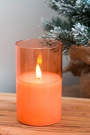 Светодиодная восковая свеча ФЬЁГА в стеклянных стаканах, розовая, тёплый белый LED-огонь мерцающий, 'натуральный фитилёк', 7.5х12.5 см, таймер, Kaemingk (Lumineo)