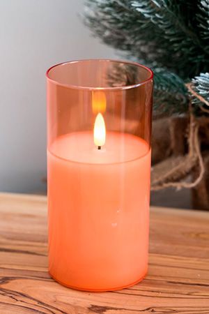 Светодиодная восковая свеча ФЬЁГА в стеклянных стаканах, розовая, тёплый белый LED-огонь мерцающий, 'натуральный фитилёк', 7.5х15 см, таймер, Kaemingk (Lumineo)