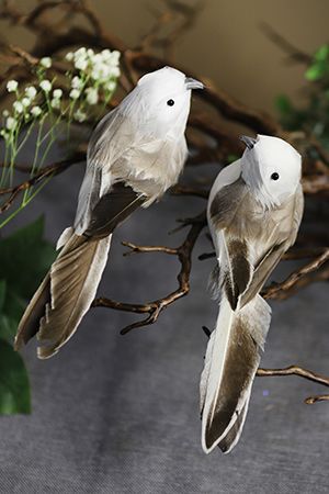 Набор декоративных птичек ПТИЧКИ-СИНИЧКИ на клипсе, перо, белые с коричневым, 15 см (2 шт.), Kaemingk (Decoris)