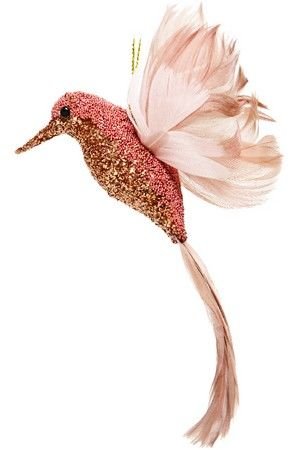 Ёлочная игрушка - птичка МЕРЦАЮЩАЯ КОЛИБРИ малая, перо, нежно-розовая, 14 см, Kaemingk (Decoris)