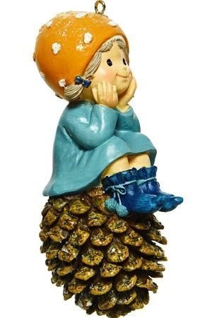 Ёлочная игрушка МАЛЫШКА - ГРИБНОЙ ГНОМИК с косичками, полистоун, 12 см, Kaemingk (Decoris)