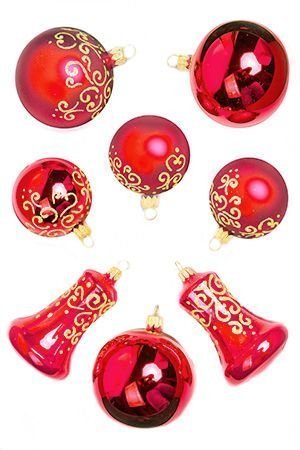Набор стеклянных елочных игрушек ГРАЦИЯ (шары, колокольчики), красный, Елочка