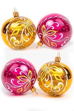 Набор стеклянных шаров ФЛОРА, золотой с фиолетовым, 4х75 мм, Елочка