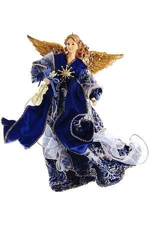 Кукла на ёлку ПАРЯЩИЙ АНГЕЛ СО СКРИПКОЙ фарфор, текстиль, синий, 30 см, Kurts Adler