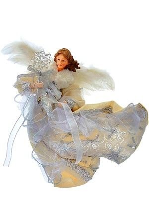 Кукла на ёлку ПАРЯЩИЙ АНГЕЛ СО СНЕЖИНКОЙ, фарфор, текстиль, белый, 30 см, Kurts Adler