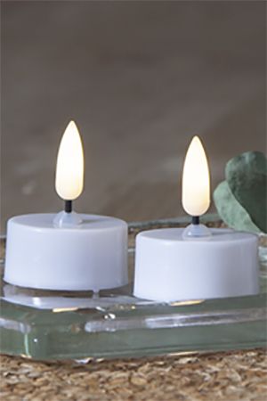 Электрические чайные свечи FLAMME малые белые, тёплые белые мерцающие LED-огни, 'натуральный фитилёк', 5х4 см (2 шт.), таймер, батарейки, STAR trading