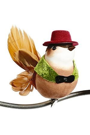 Декоративная птичка ПЕРНАТАЯ КУМУШКА в зеленой жилетке на клипсе, перо, 18 см, Goodwill
