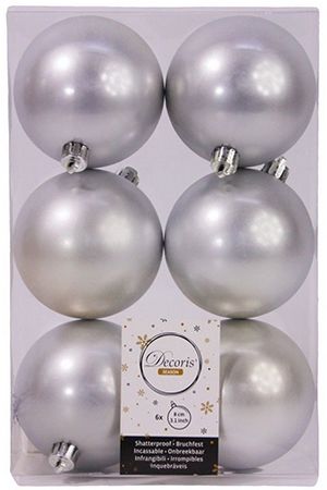 Набор однотонных пластиковых шаров матовых, цвет: серебряный, 80 мм, упаковка 6 шт., Winter Decoration