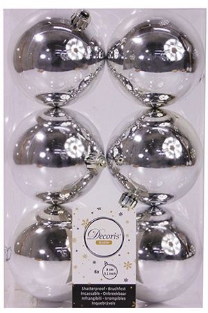 Набор однотонных пластиковых шаров глянцевых, цвет: серебряный, 80 мм, упаковка глиттер 6 шт., Winter Deco