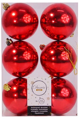 Набор однотонных пластиковых шаров глянцевых, цвет: красный, 80 мм, упаковка 6 шт., Kaemingk