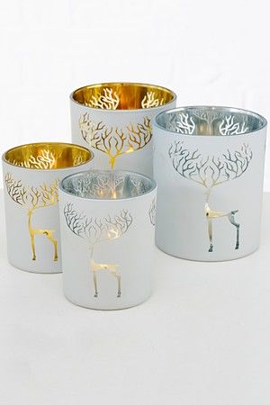 Стеклянные подсвечники под чайные свечи ЛЕНЗА - ОЛЕНИ, белые с золотым, набор - 2 шт., Boltze