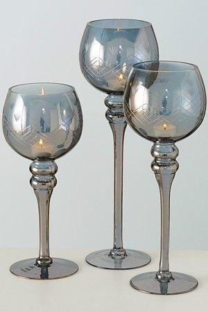 Подсвечники-бокалы под чайные свечи МАНОН, стекло, дымчатые, 30-40 см, набор - 3 шт., Boltze