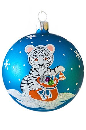 Елочный шар ЗОДИАК: ТИГР С МЕШКОМ ПОДАРКОВ, синий, 75 мм, Елочка