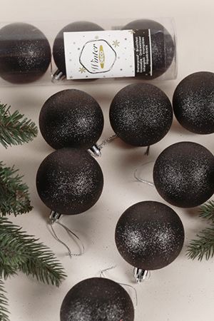 Набор однотонных пластиковых шаров, глиттер, черные, 60 мм, упаковка 10 шт., Winter Deco